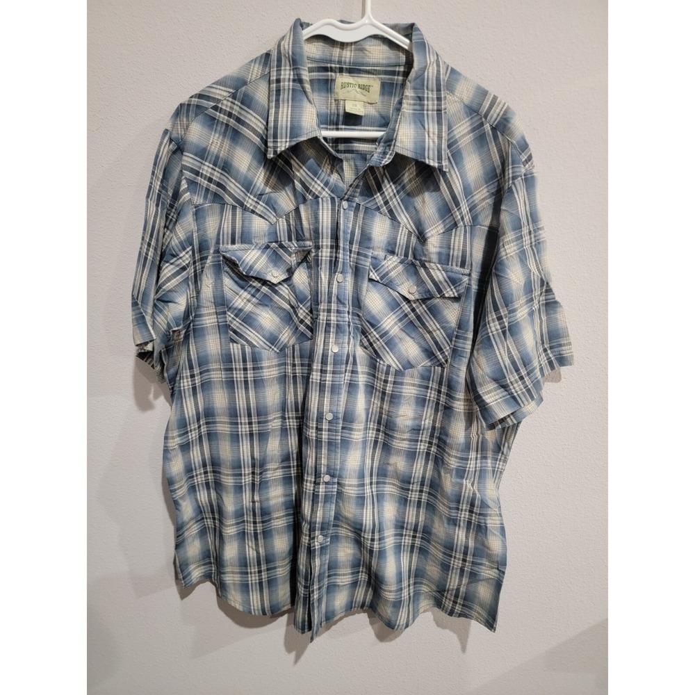 Rustic Ridge Mens Western Shirt 2X Blue Short‎ Sleeve Cowboy Pearl Snaps Plaid